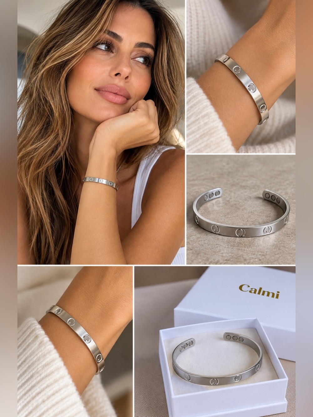 Calmi Signature Silver Magnetic Acupressure Wellness Cuff Bracelet Box. New!